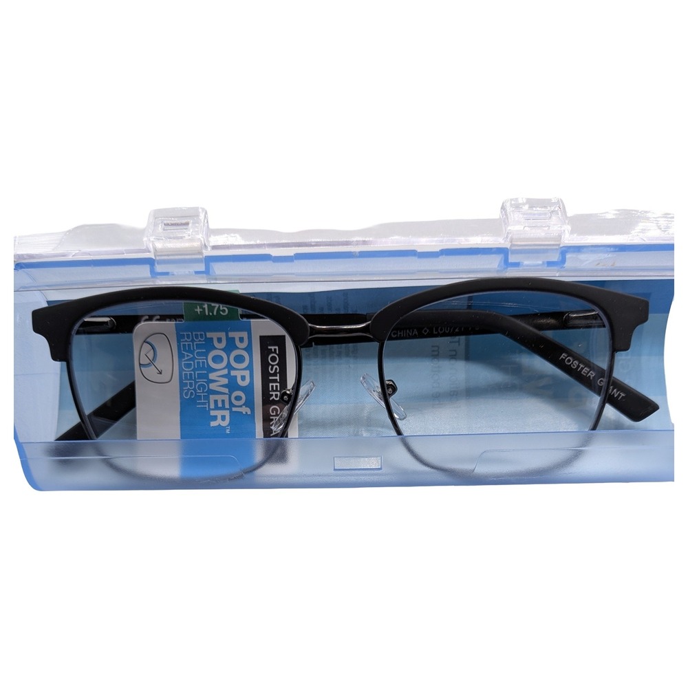 Foster Grant Perkins Blue Light Reading Glasses +1.75 Black Clubmaster Pop Power